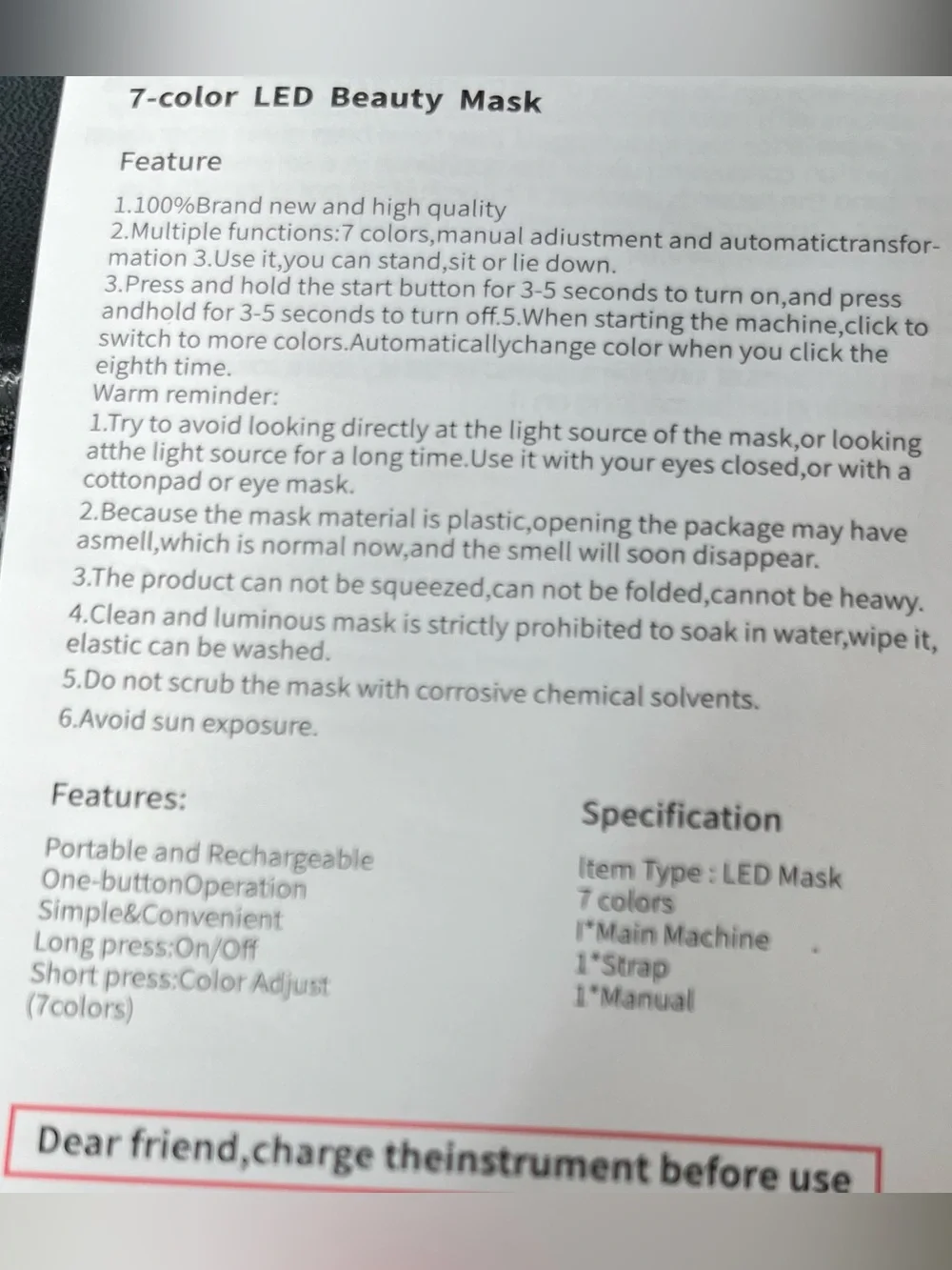Beauty Mask LED Light Therapy Facial NWOT 10% $35